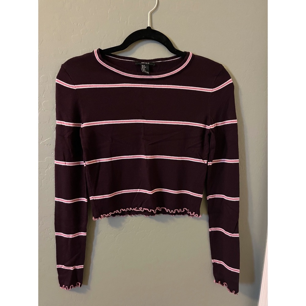 🌟 Forever 21 Purple Lettuce Hem Striped Long Sleeve Crop Top Small
